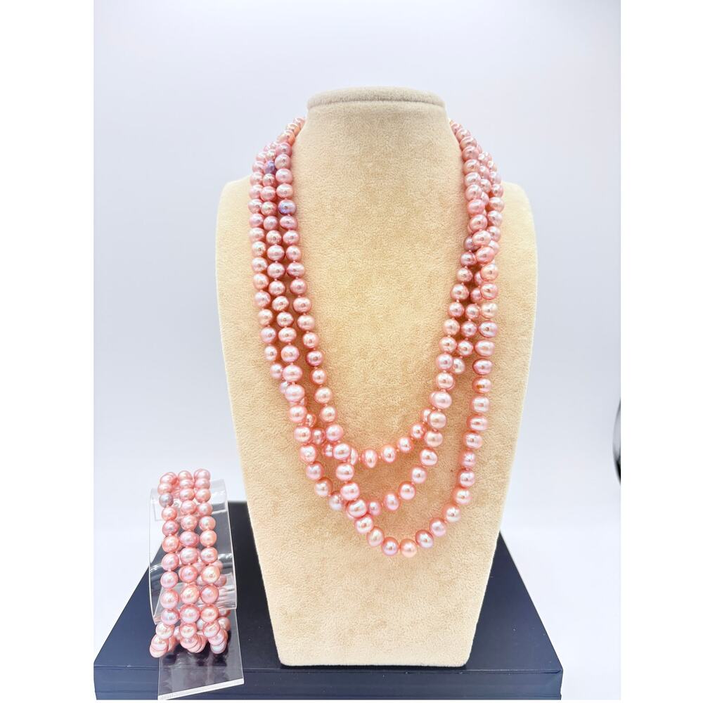 Triple Strand Freshwater Pearl Necklace & Bracelet Set w S925 Shell Cameo Clasp